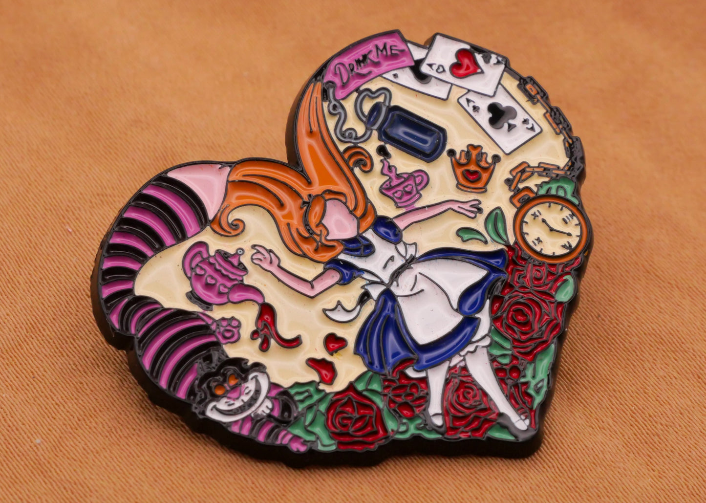 Alice in Wonderland Rabbit Hole Cheshire Cat Cards Watch Heart Metal Enamel Large Button 30x35mm