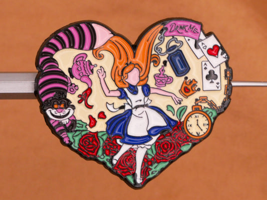 Alice in Wonderland Rabbit Hole Cheshire Cat Cards Watch Heart Metal Enamel Large Button 30x35mm