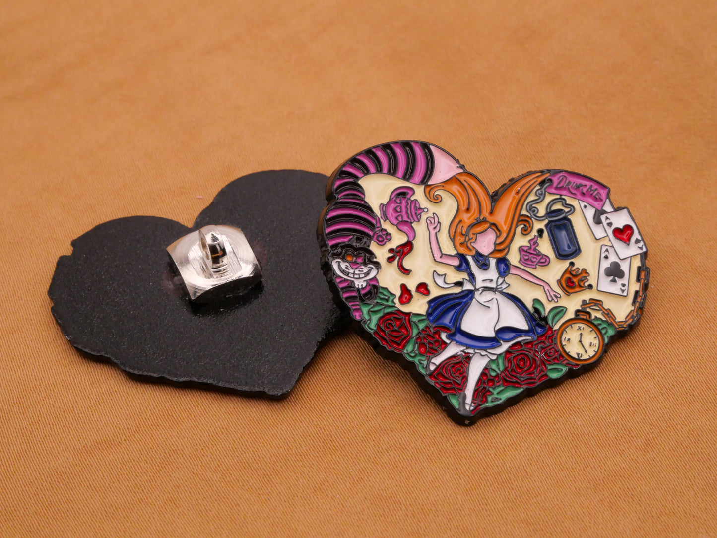 Alice in Wonderland Rabbit Hole Cheshire Cat Cards Watch Heart Metal Enamel Large Button 30x35mm