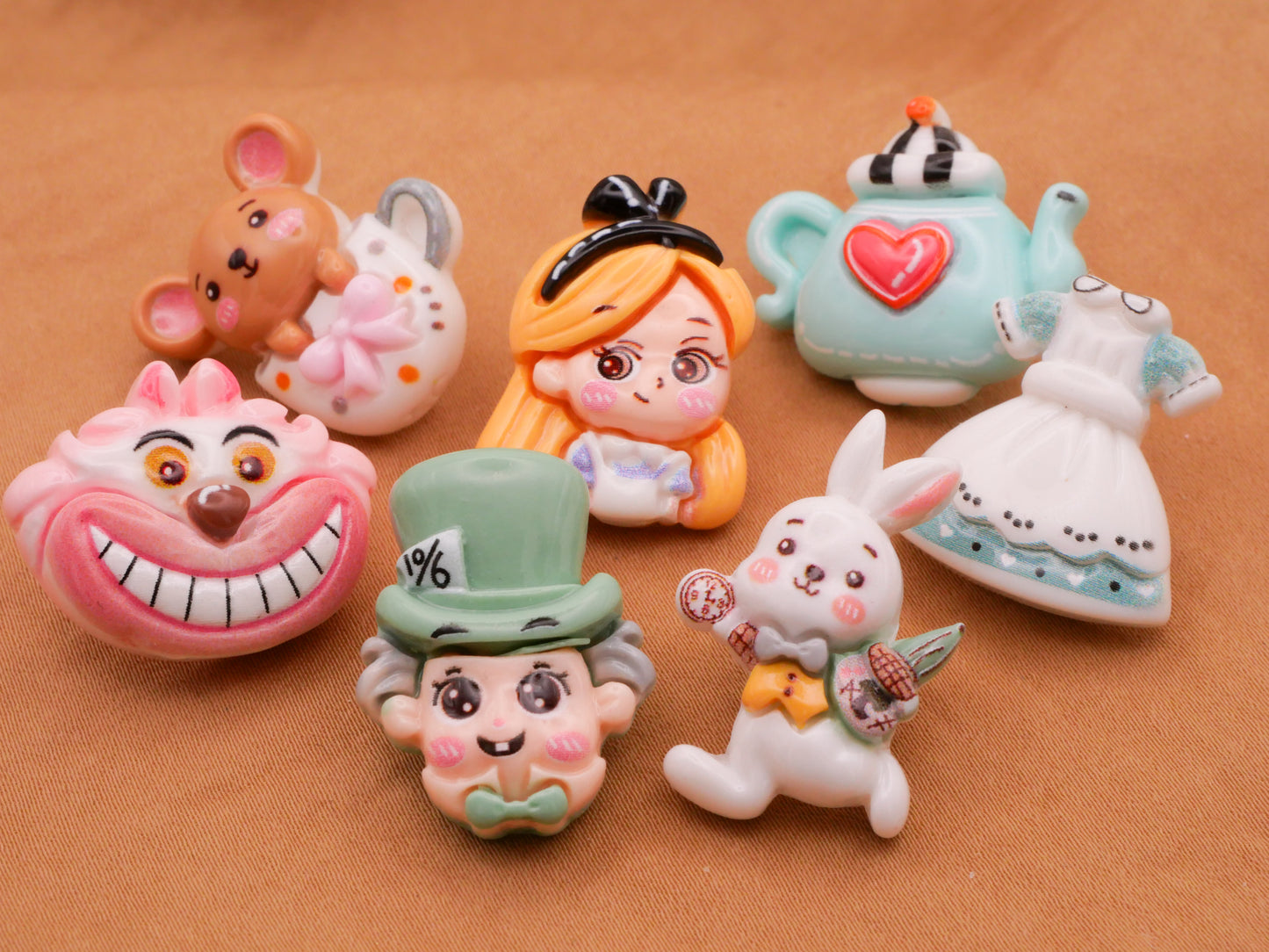 Alice in Wonderland Mad Hatter White Rabbit Cheshire Plastic Set of Seven Buttons 19x24mm