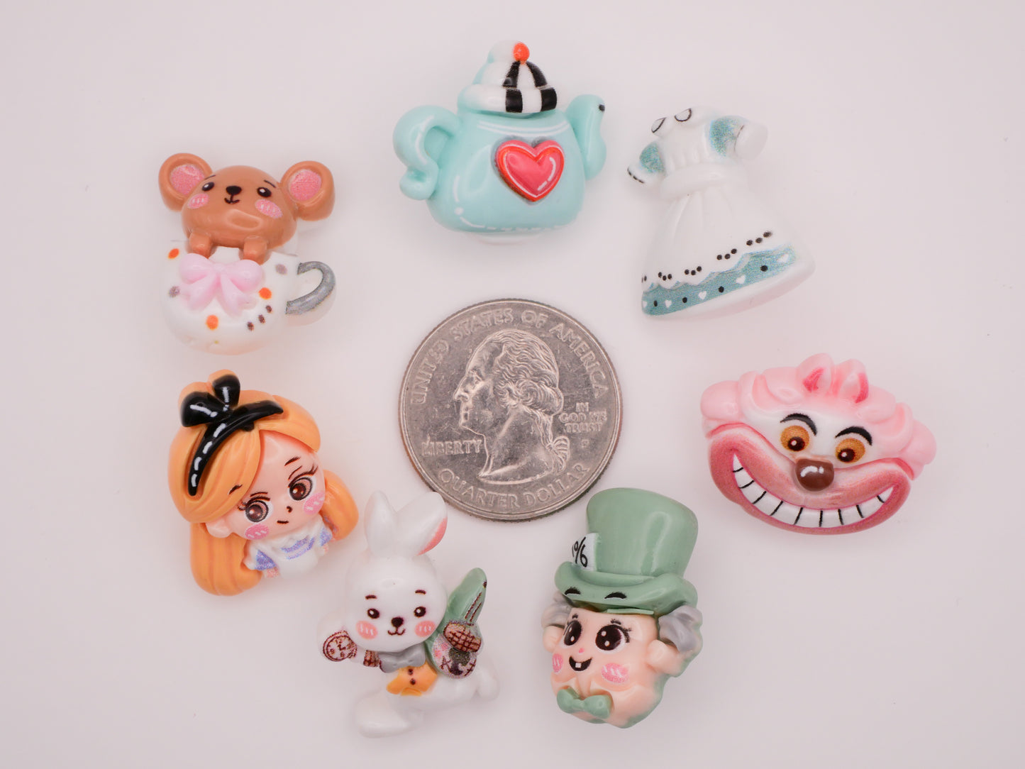 Alice in Wonderland Mad Hatter White Rabbit Cheshire Plastic Set of Seven Buttons 19x24mm