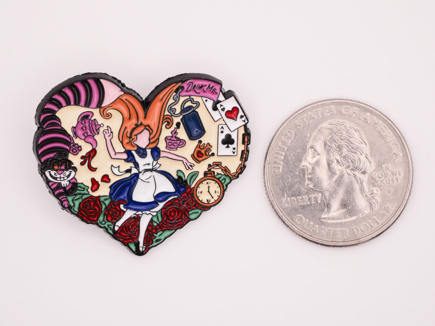 Alice in Wonderland Rabbit Hole Cheshire Cat Cards Watch Heart Metal Enamel Large Button 30x35mm