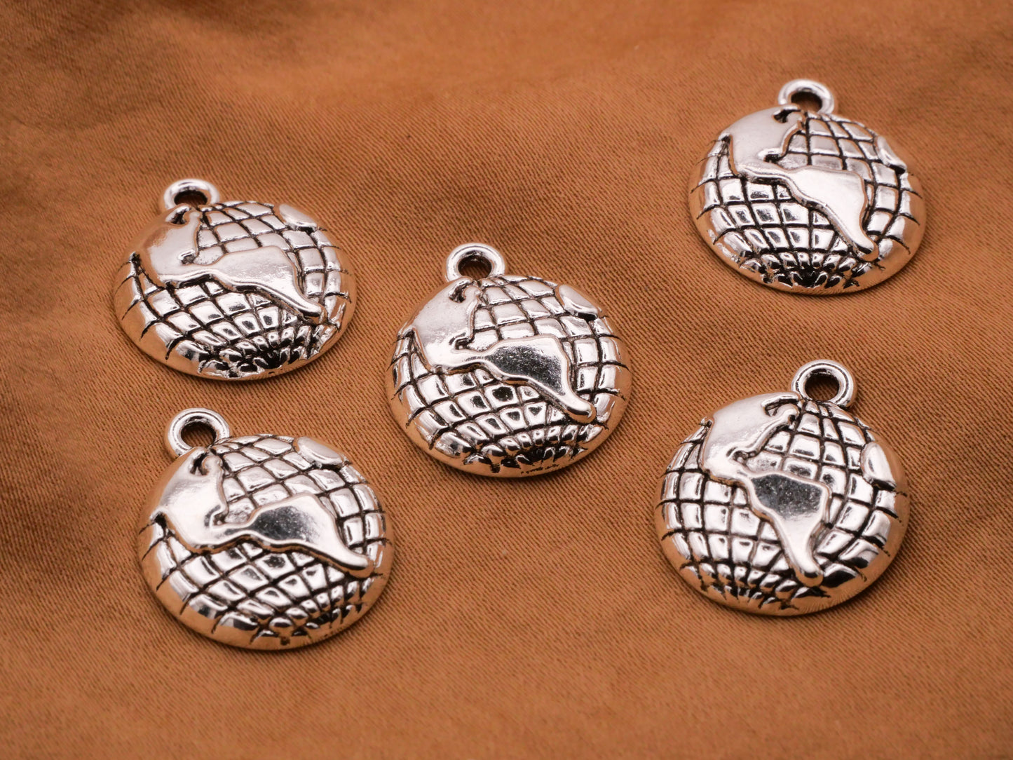 Globe Grid Earth Silver Metal Charm Embellishment 16mm