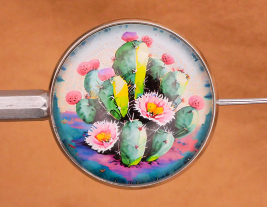 Cactus Pink Flowers Glass Dome Metal Button 27mm