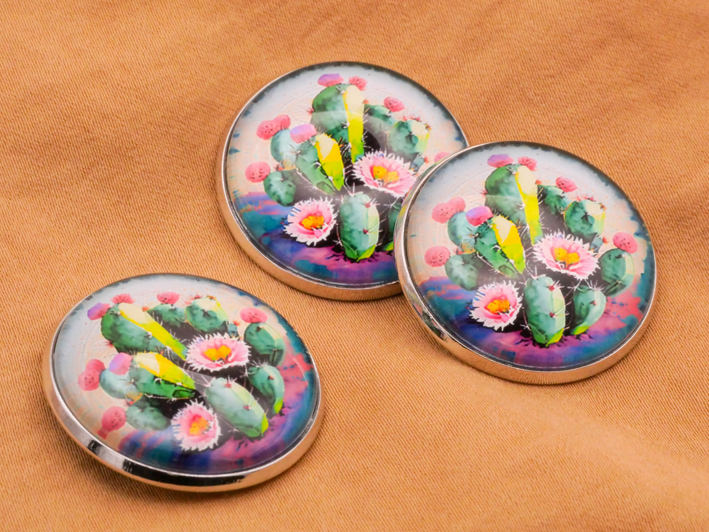 Cactus Pink Flowers Glass Dome Metal Button 27mm