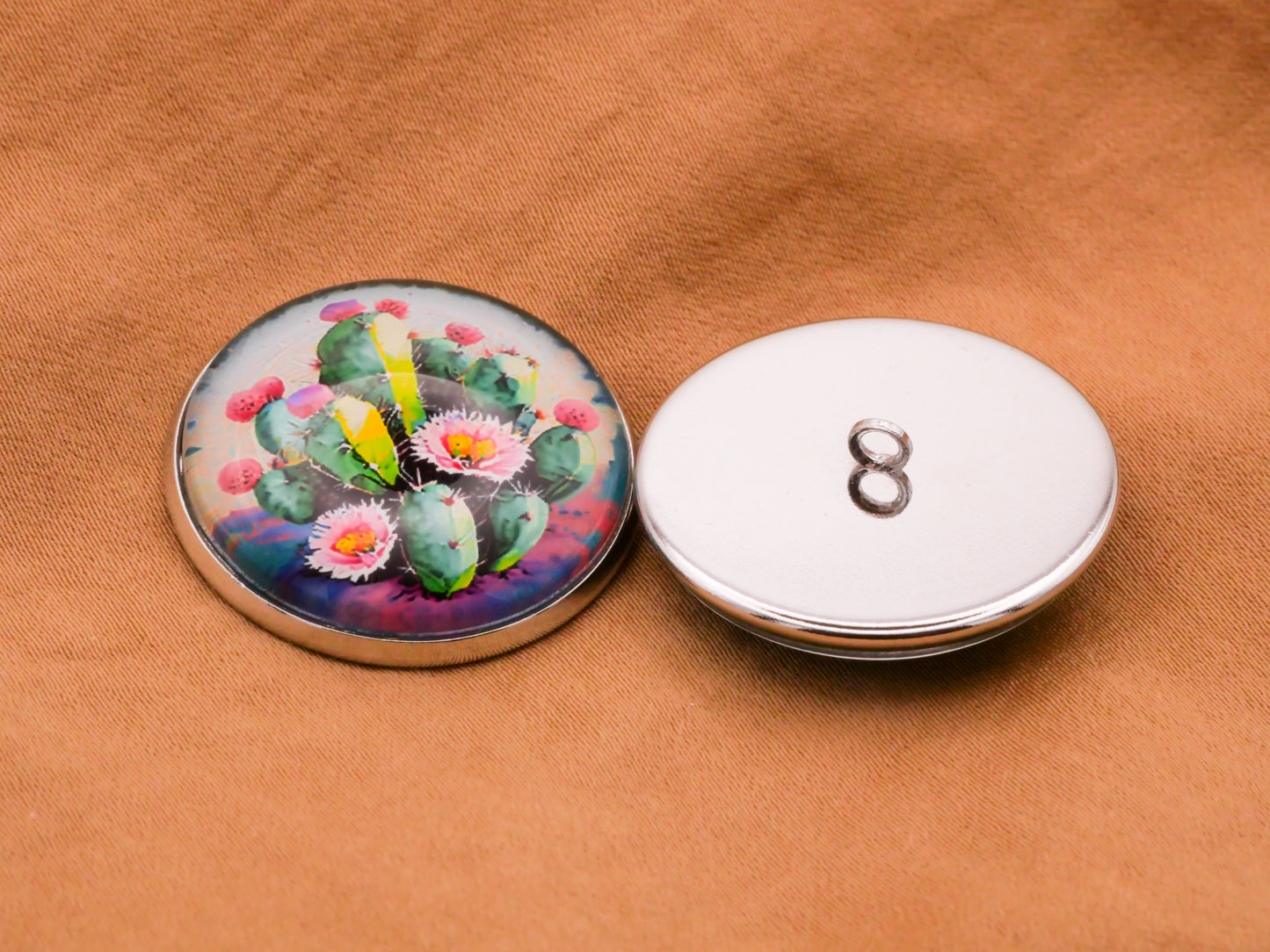 Cactus Pink Flowers Glass Dome Metal Button 27mm