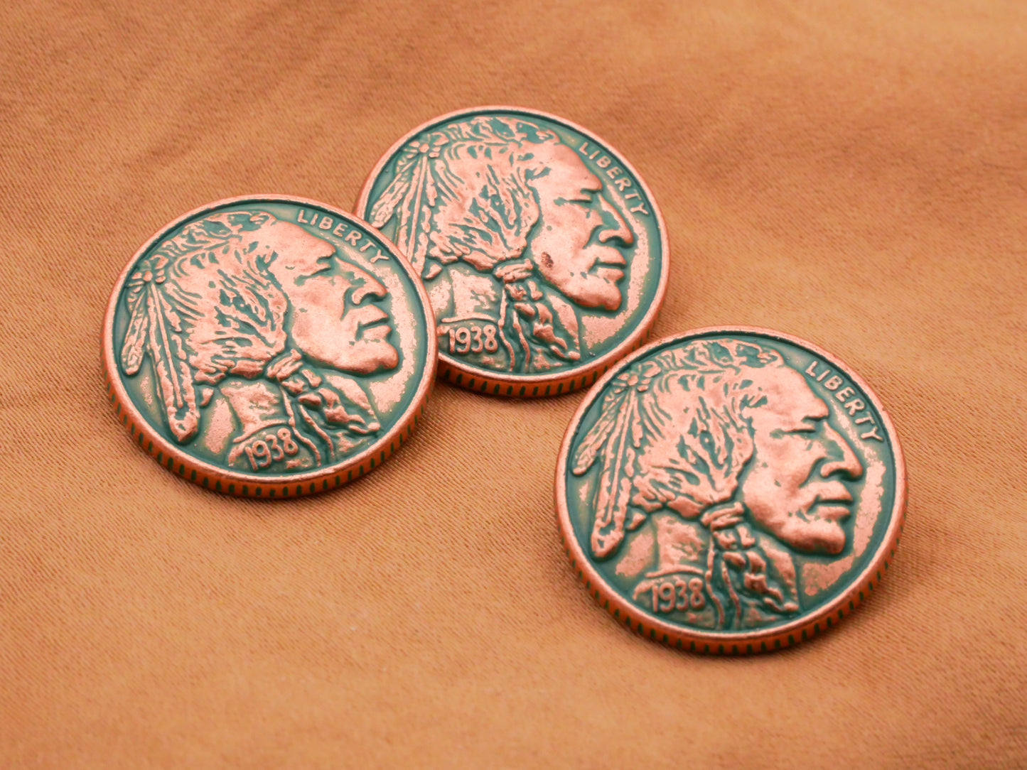 Buffalo Indian Head Nickel Coin Copper Look Green Patina Metal Button 21mm