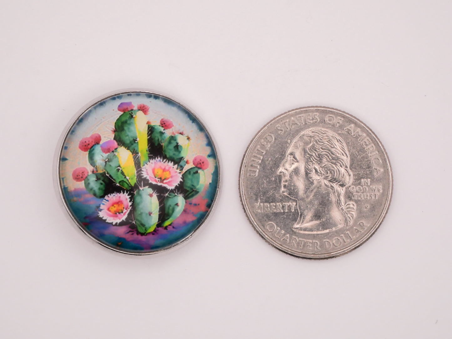 Cactus Pink Flowers Glass Dome Metal Button 27mm