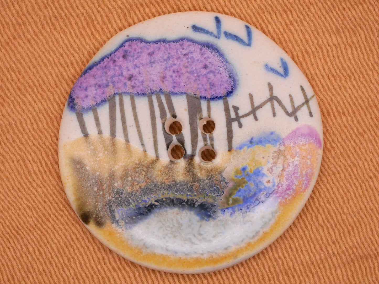 Landscape Trees Birds Hand-Painted Watercolor Look Ceramic Extra-Large Button 56mm