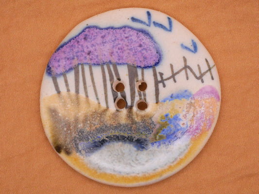 Landscape Trees Birds Hand-Painted Watercolor Look Ceramic Extra-Large Button 56mm