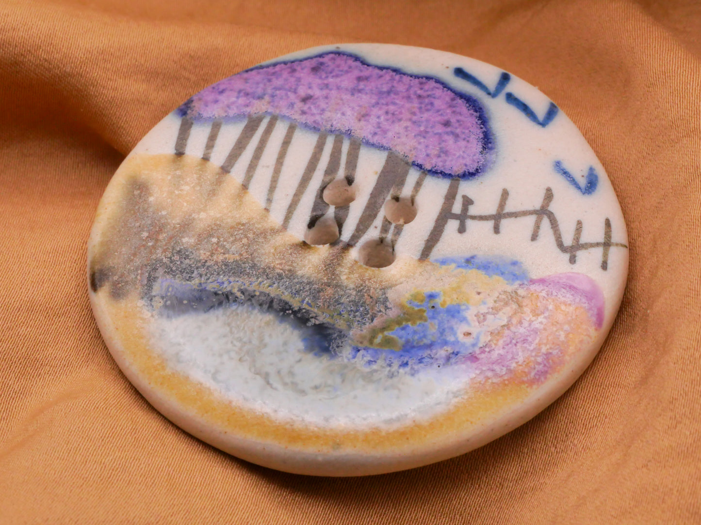 Landscape Trees Birds Hand-Painted Watercolor Look Ceramic Extra-Large Button 56mm