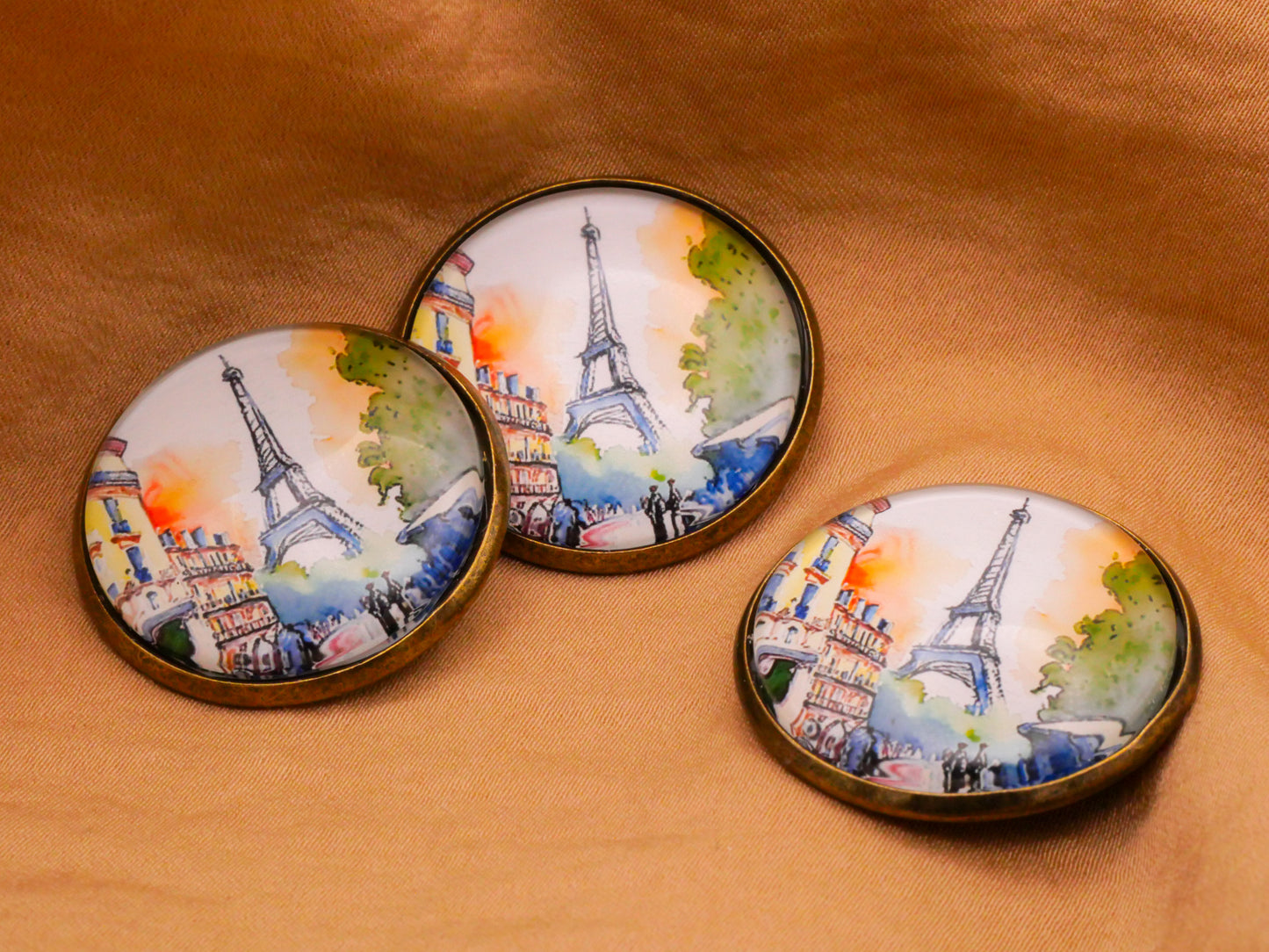 Paris Eiffel Towel Watercolor Illustration Glass Dome Bronze Metal Button 28mm