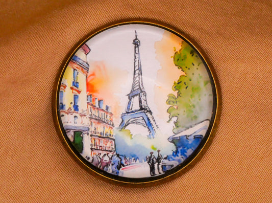 Paris Eiffel Towel Watercolor Illustration Glass Dome Bronze Metal Button 28mm