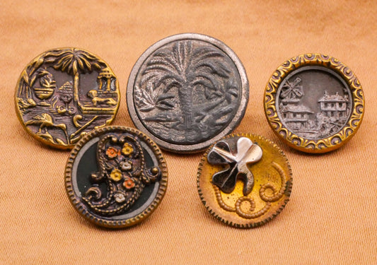 Around the World Egypt Ireland Holland India China Victorian Metal Picture Buttons Various 14-18mm