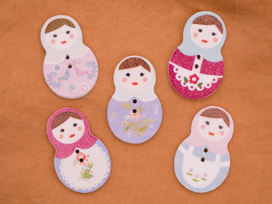 Russian Nesting Doll Pink Blue Flower Wood Set of Five Buttons 19x30mm