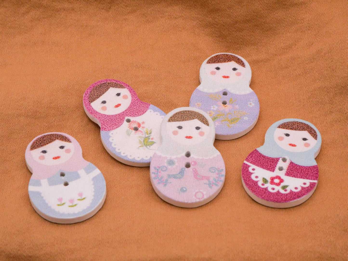 Russian Nesting Doll Pink Blue Flower Wood Set of Five Buttons 19x30mm