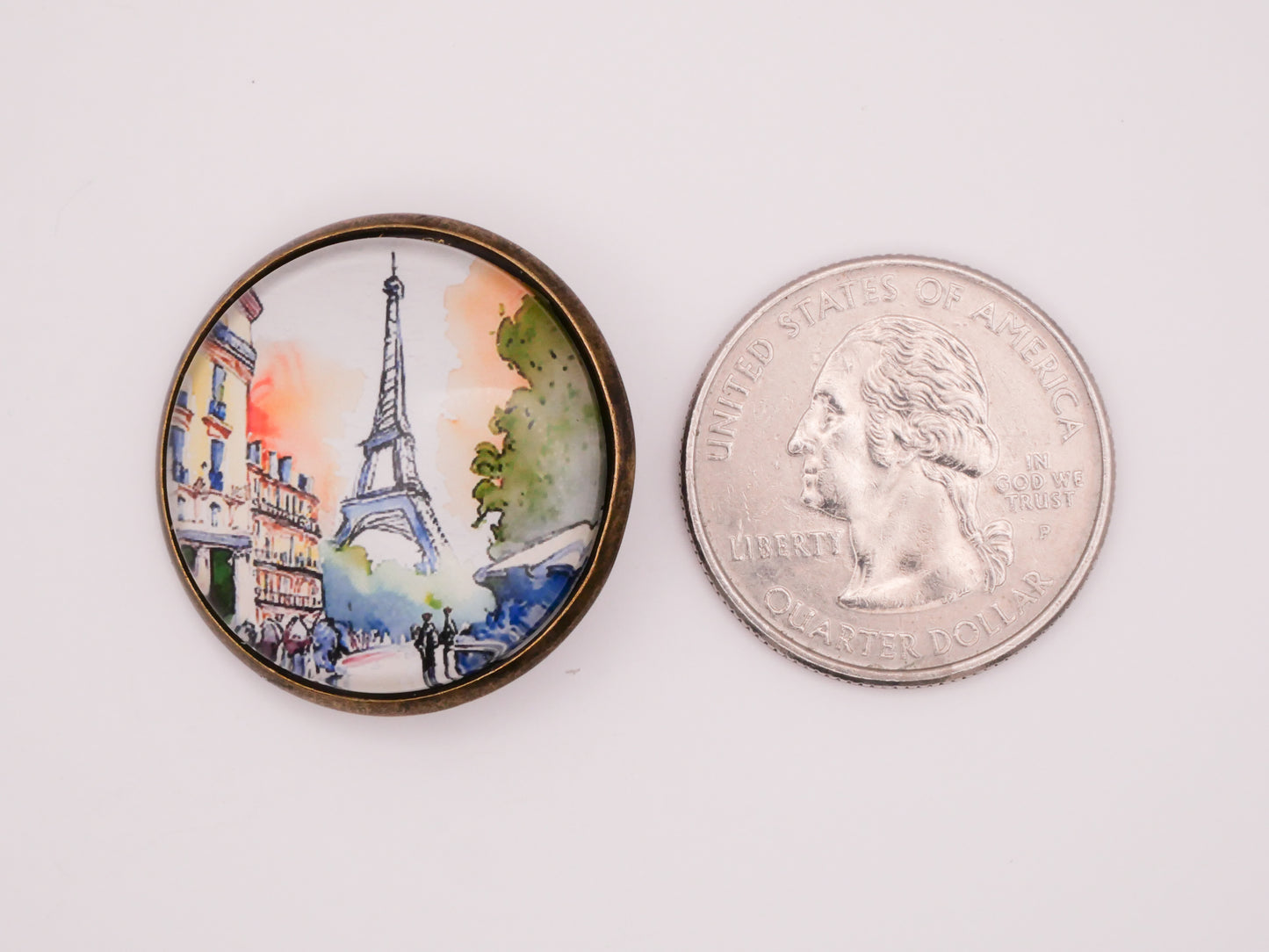 Paris Eiffel Towel Watercolor Illustration Glass Dome Bronze Metal Button 28mm