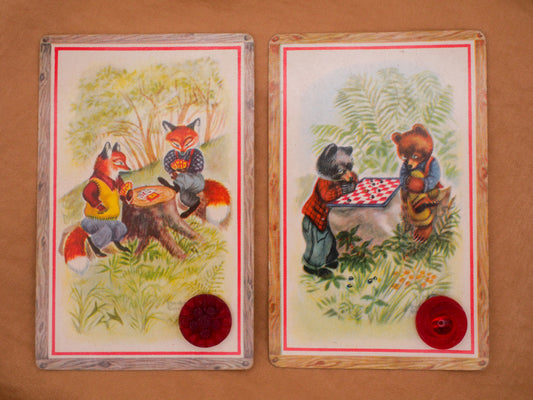 Woodland Animals Fox Bear Games Playing Card Vintage Red Glass Button 11-14mm