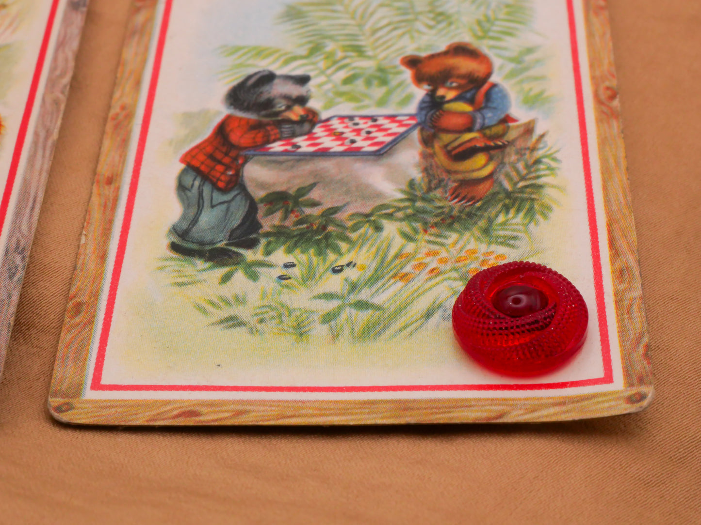 Woodland Animals Fox Bear Games Playing Card Vintage Red Glass Button 11-14mm