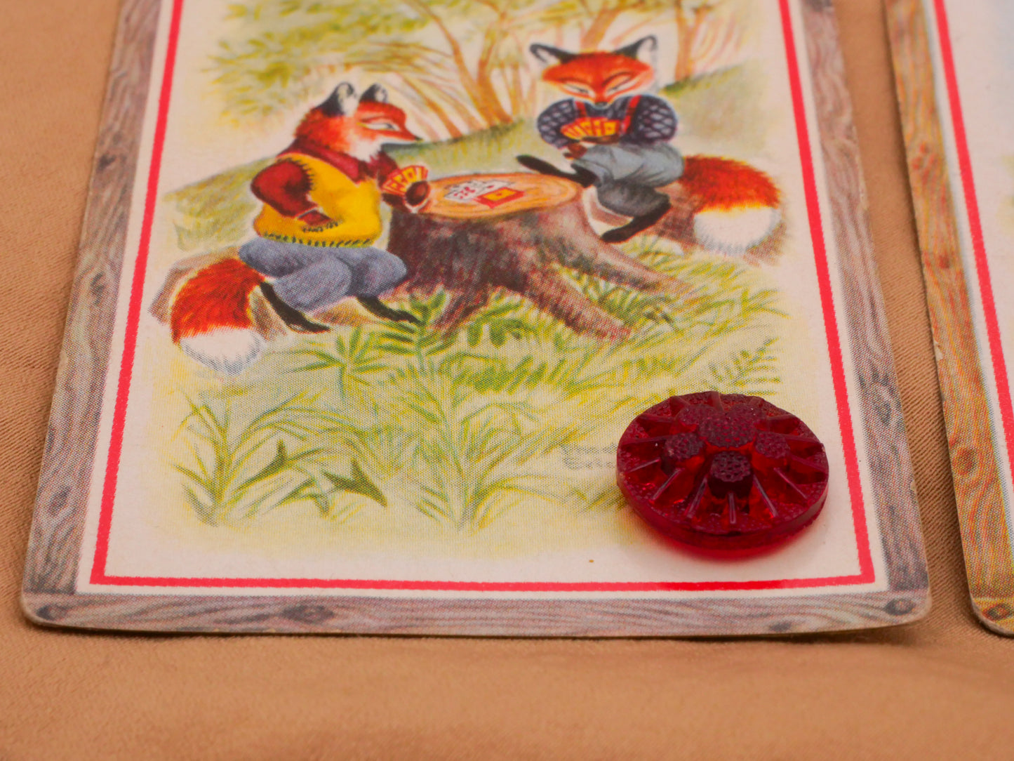 Woodland Animals Fox Bear Games Playing Card Vintage Red Glass Button 11-14mm