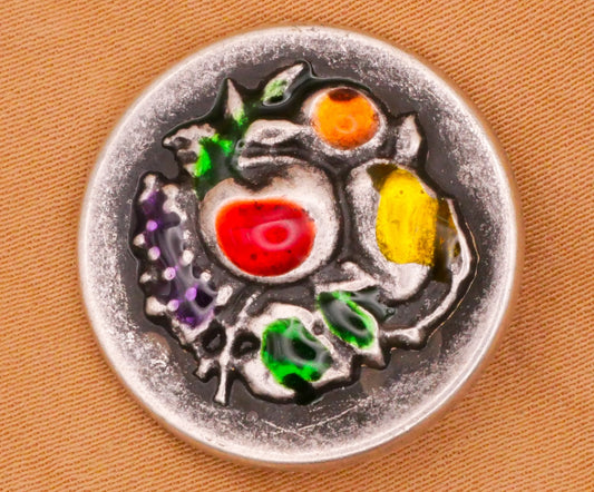 Fruit Bowl Apple Grapes Orange Lemon Enamel Pewter Look Metal Button 23mm