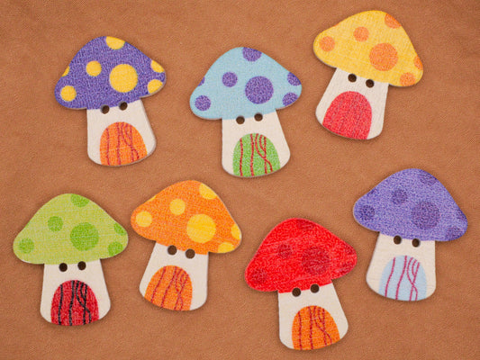 Mushroom Fairy House Colorful Wood Assorted Set of Four Buttons 21x25mm