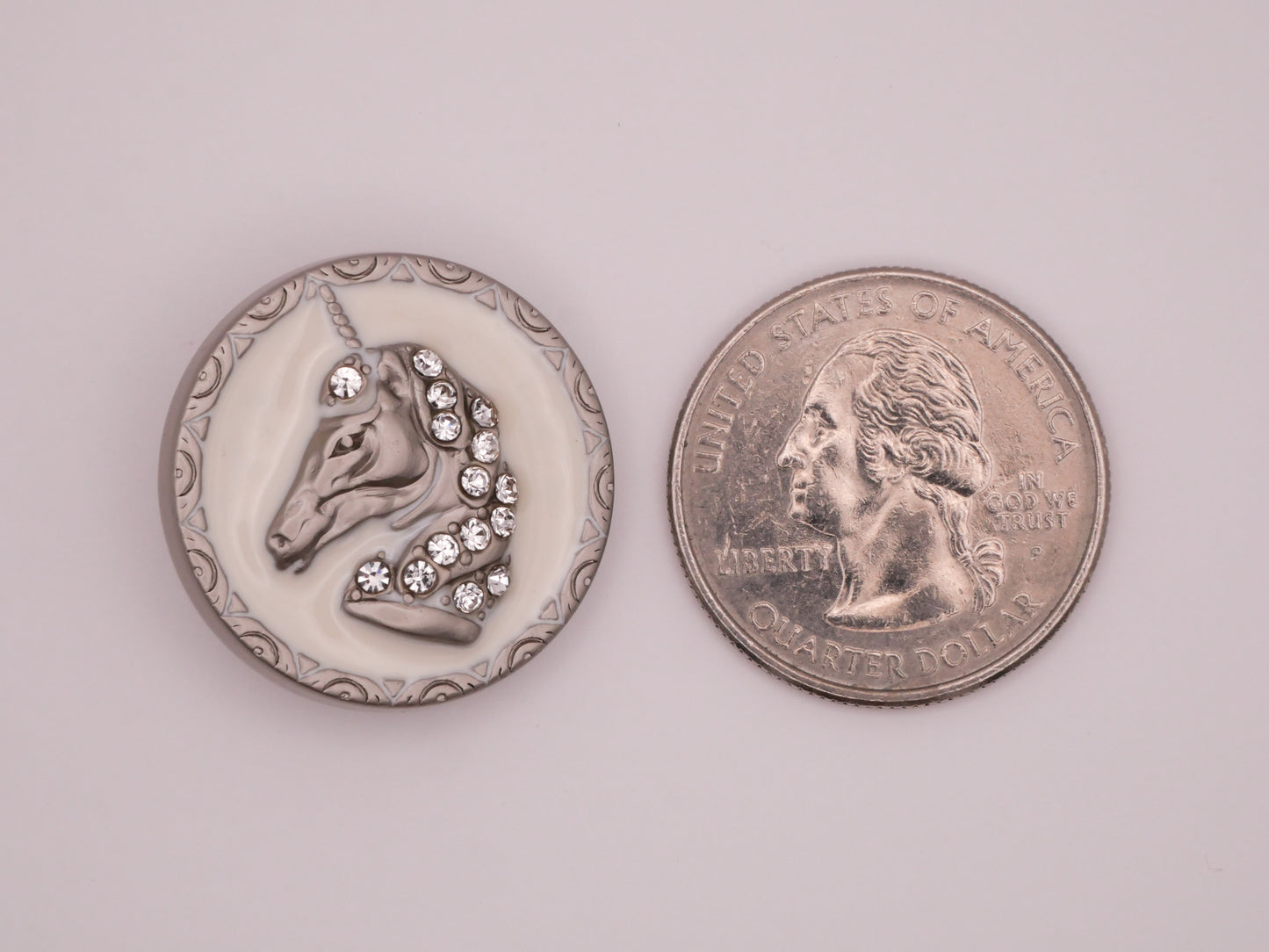 Unicorn Mythical Creature Rhinestone White Enamel Silver Metal Button 25mm