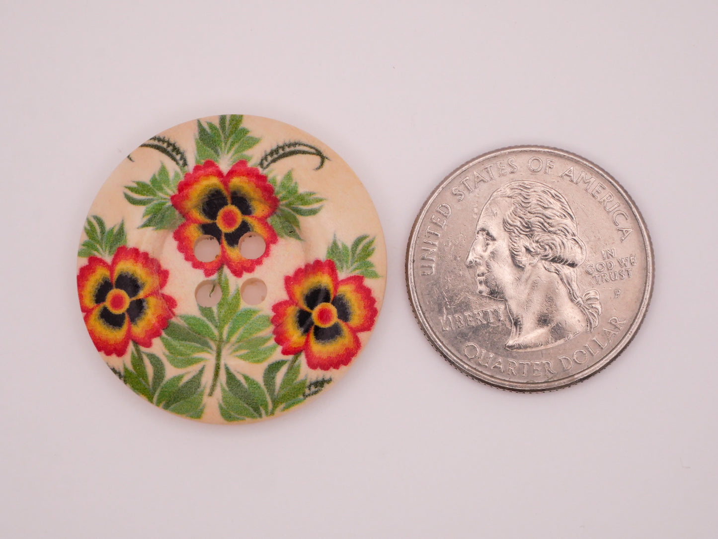 Flowers Red Green Wood Sew-Thru Button Various 30mm