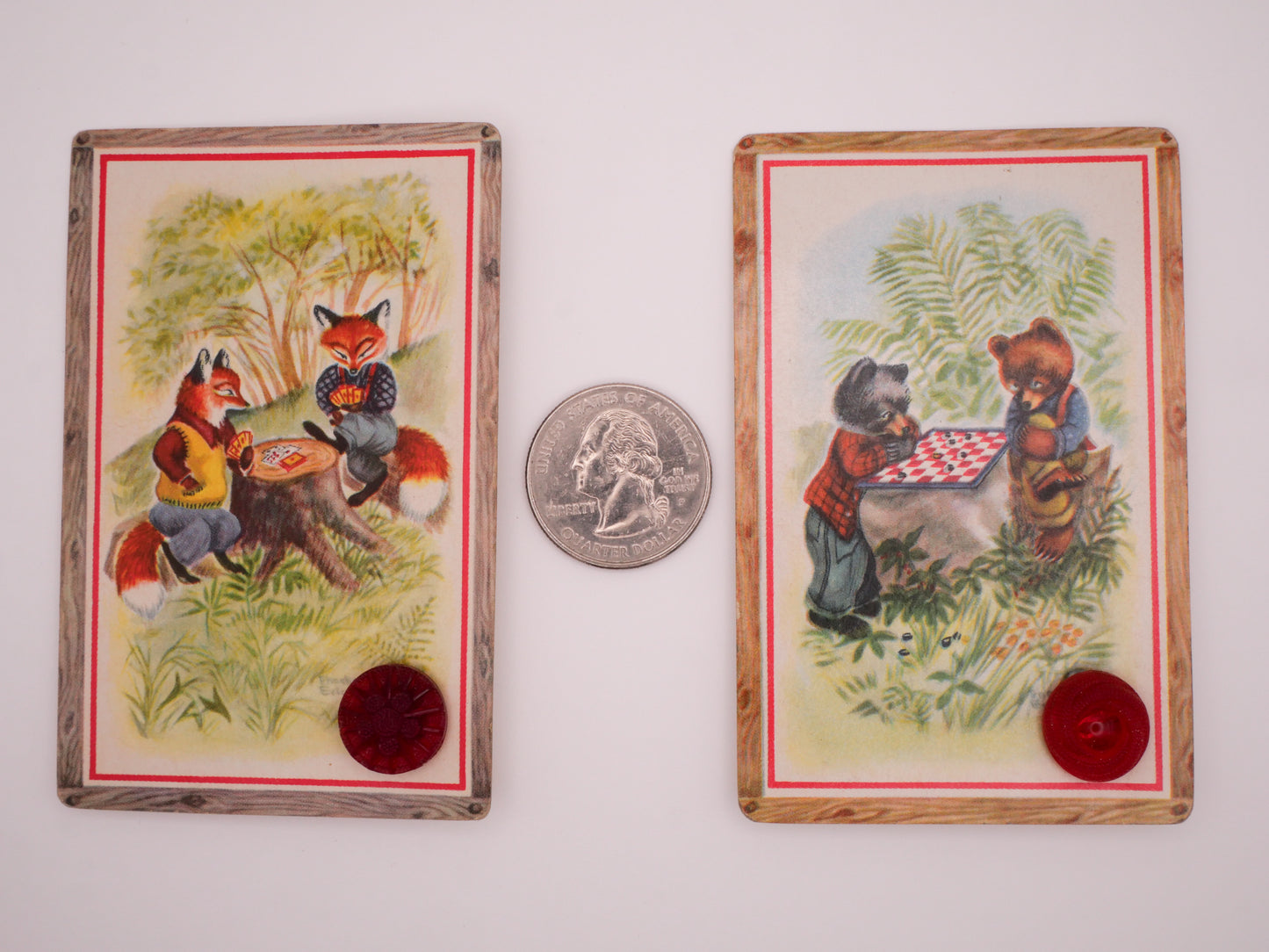 Woodland Animals Fox Bear Games Playing Card Vintage Red Glass Button 11-14mm