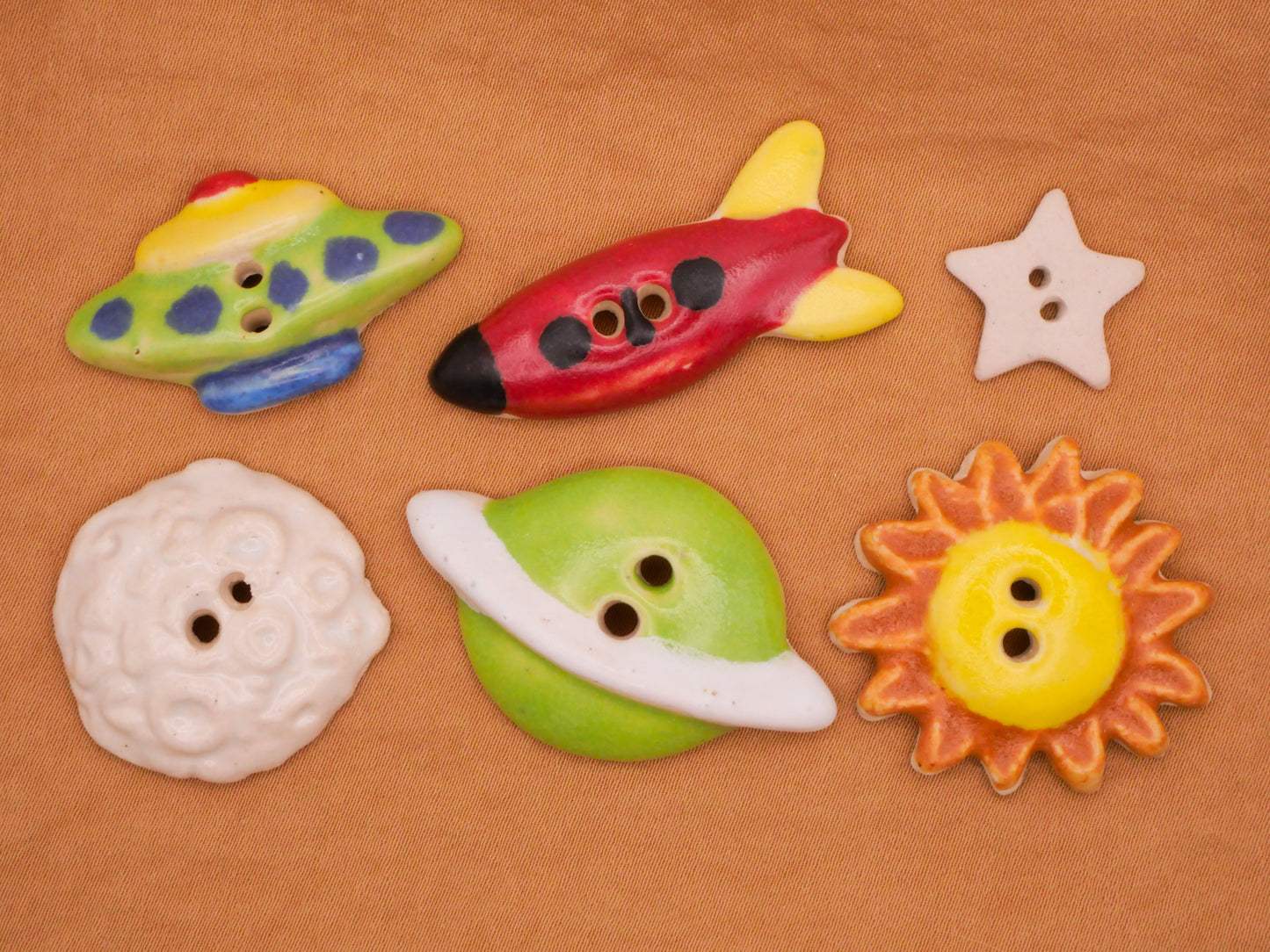 Outer Space Planet Moon Star Sun Rocket UFO Hand-Painted Ceramic Button Various 17-39mm