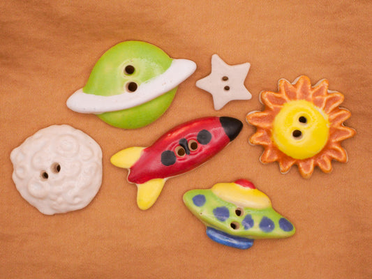 Outer Space Planet Moon Star Sun Rocket UFO Hand-Painted Ceramic Button Various 17-39mm