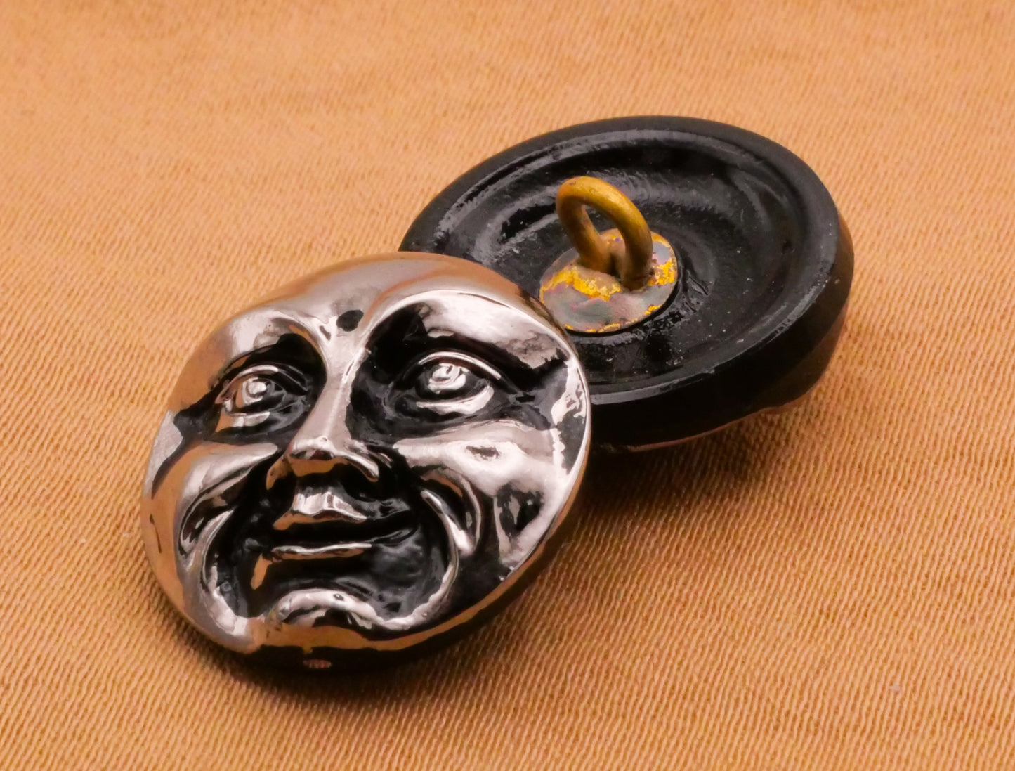 Man on the Moon Czech Silver Black Glass Button 17mm