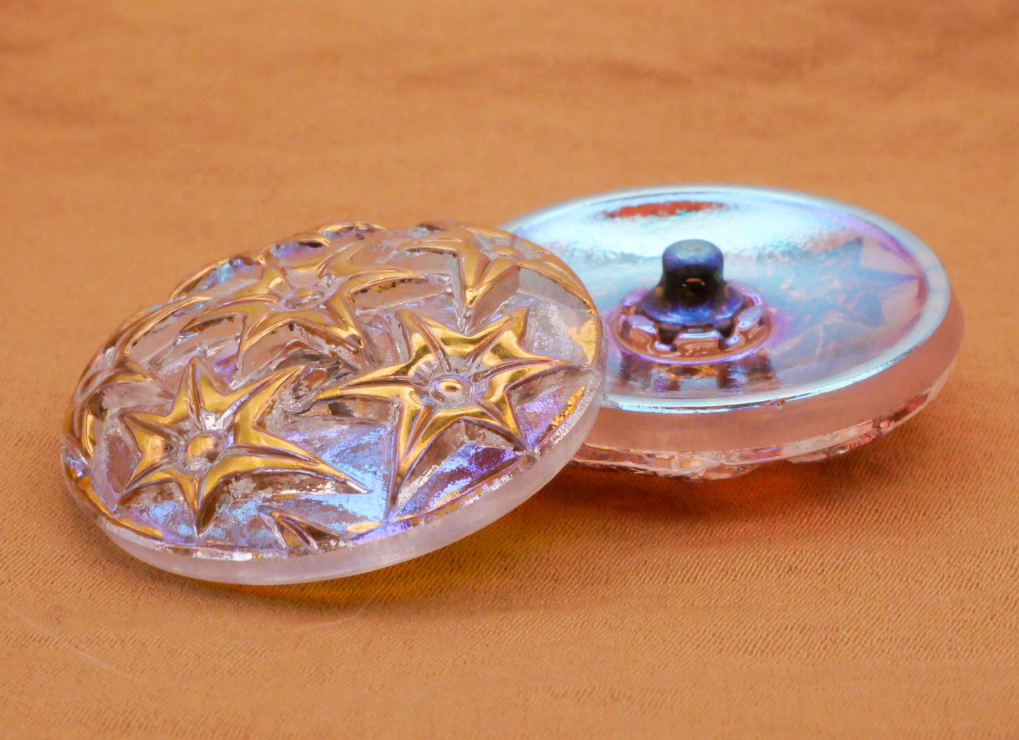 Starburst Stars Czech Glass Iridescent Purple Blue Pink Gold Button 27mm