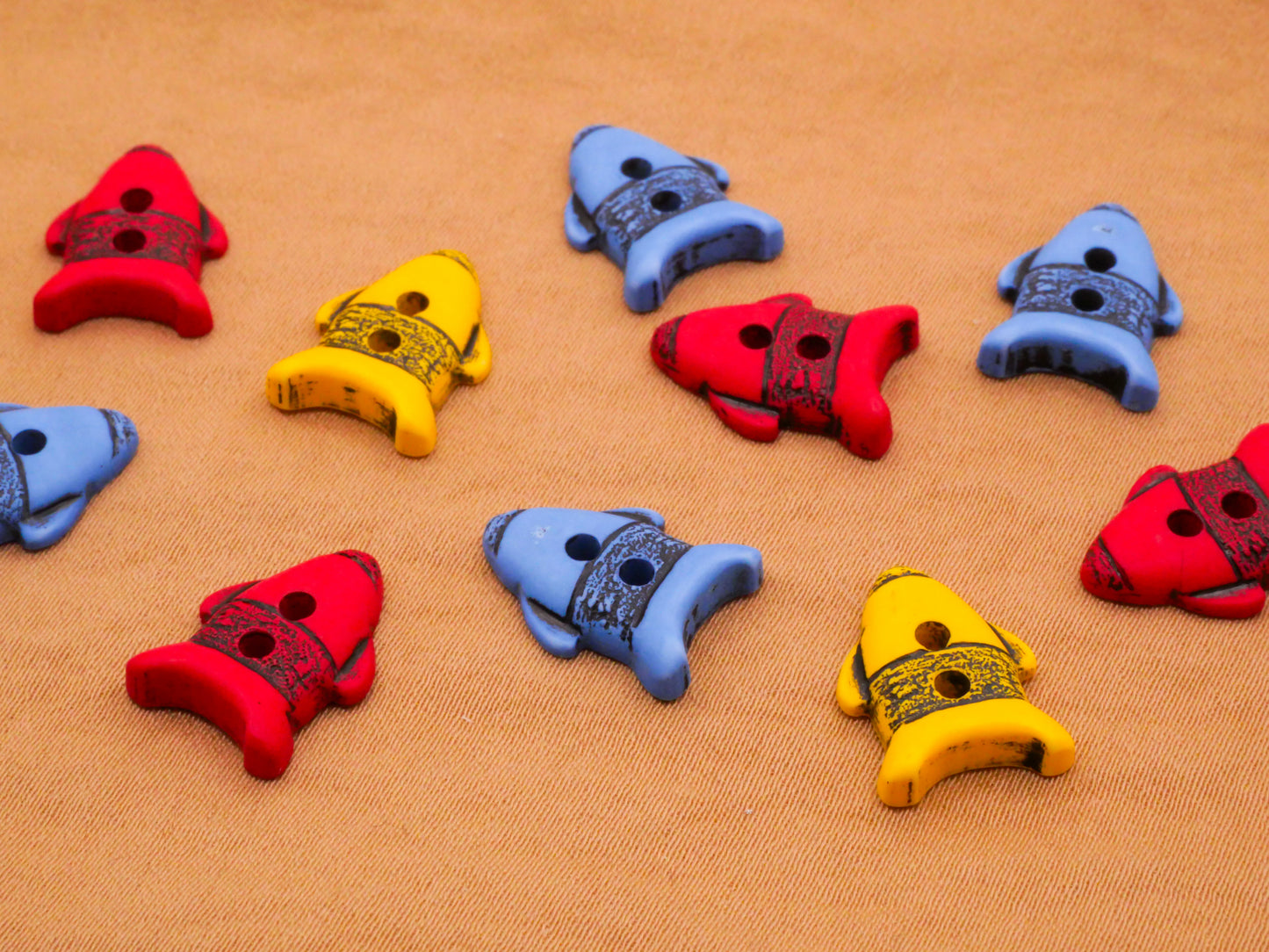 Rocket Space Ship Primary Color Plastic Set of Three Buttons 11x15mm