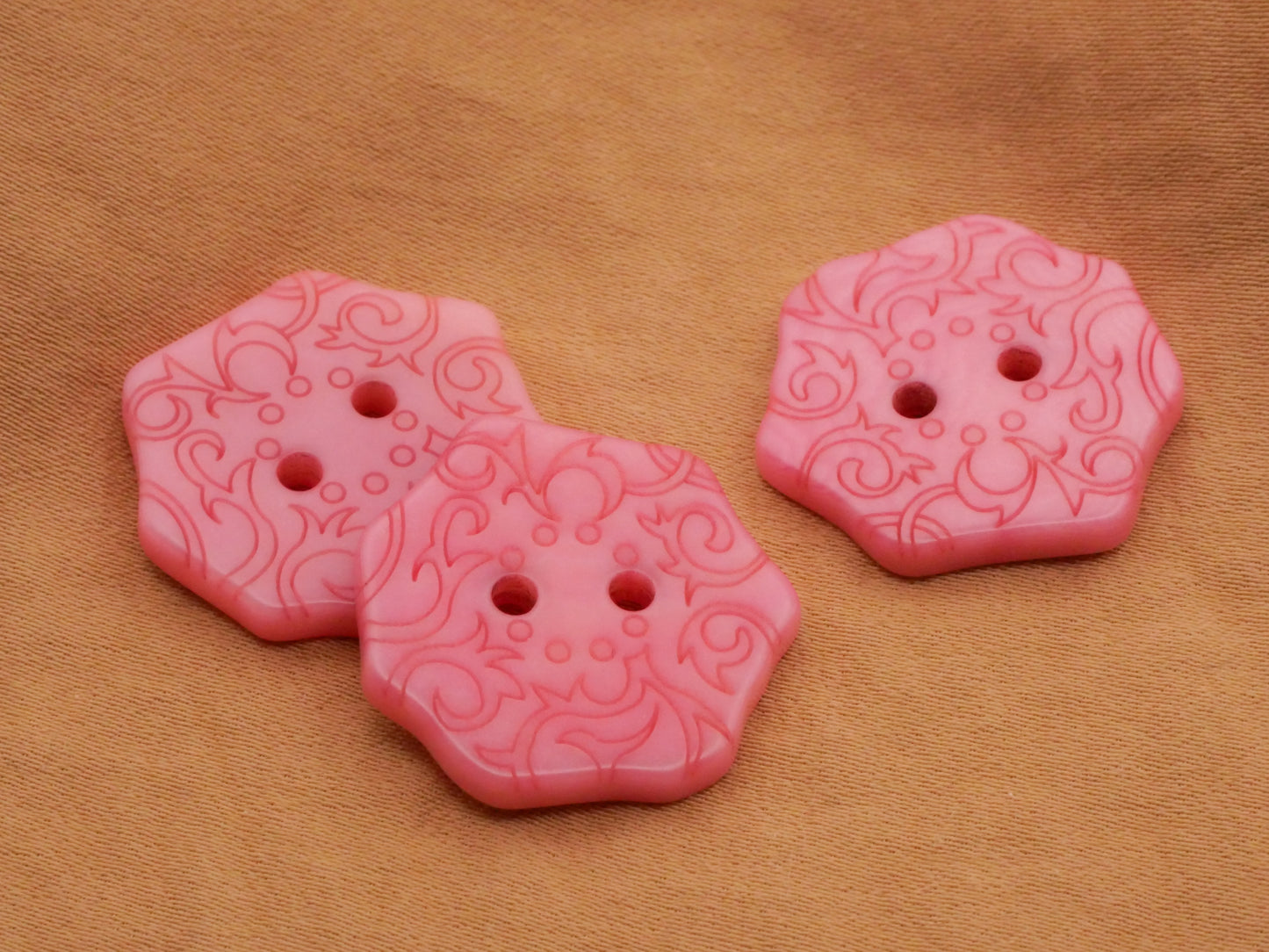 Pink Polygon Etched Filigree Plastic Sew-Thru Button 22mm