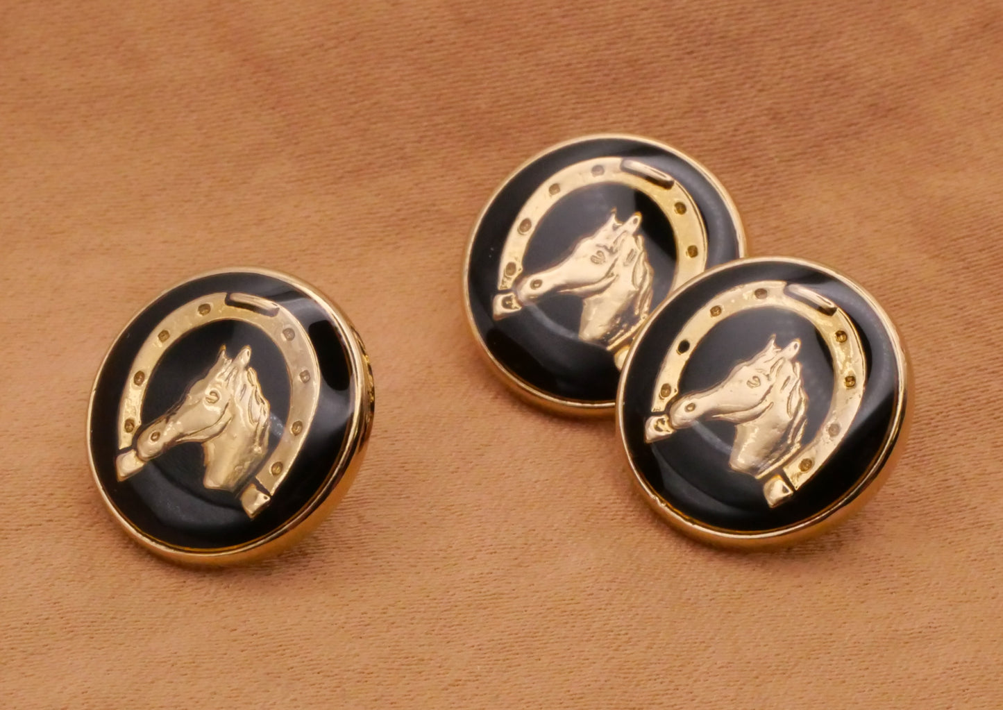 Horse Horseshoe Black Enamel Gold Metal Button 15mm