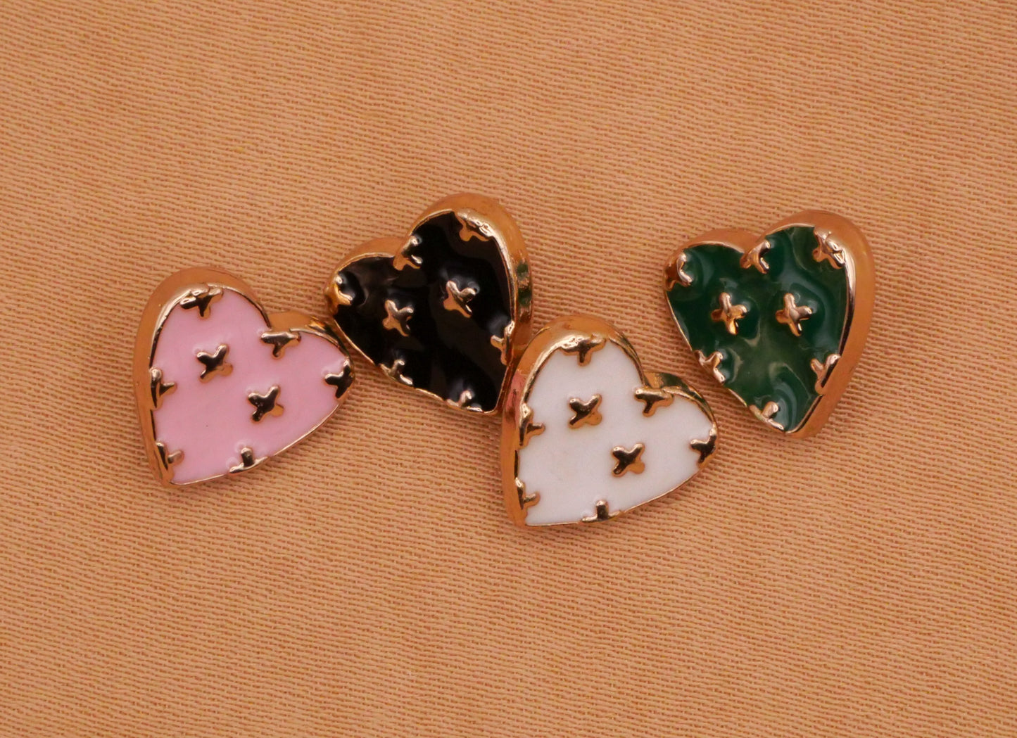 Heart Enamel Pink Green White Black Gold Metal Small Set of Three Buttons Various 10x11mm