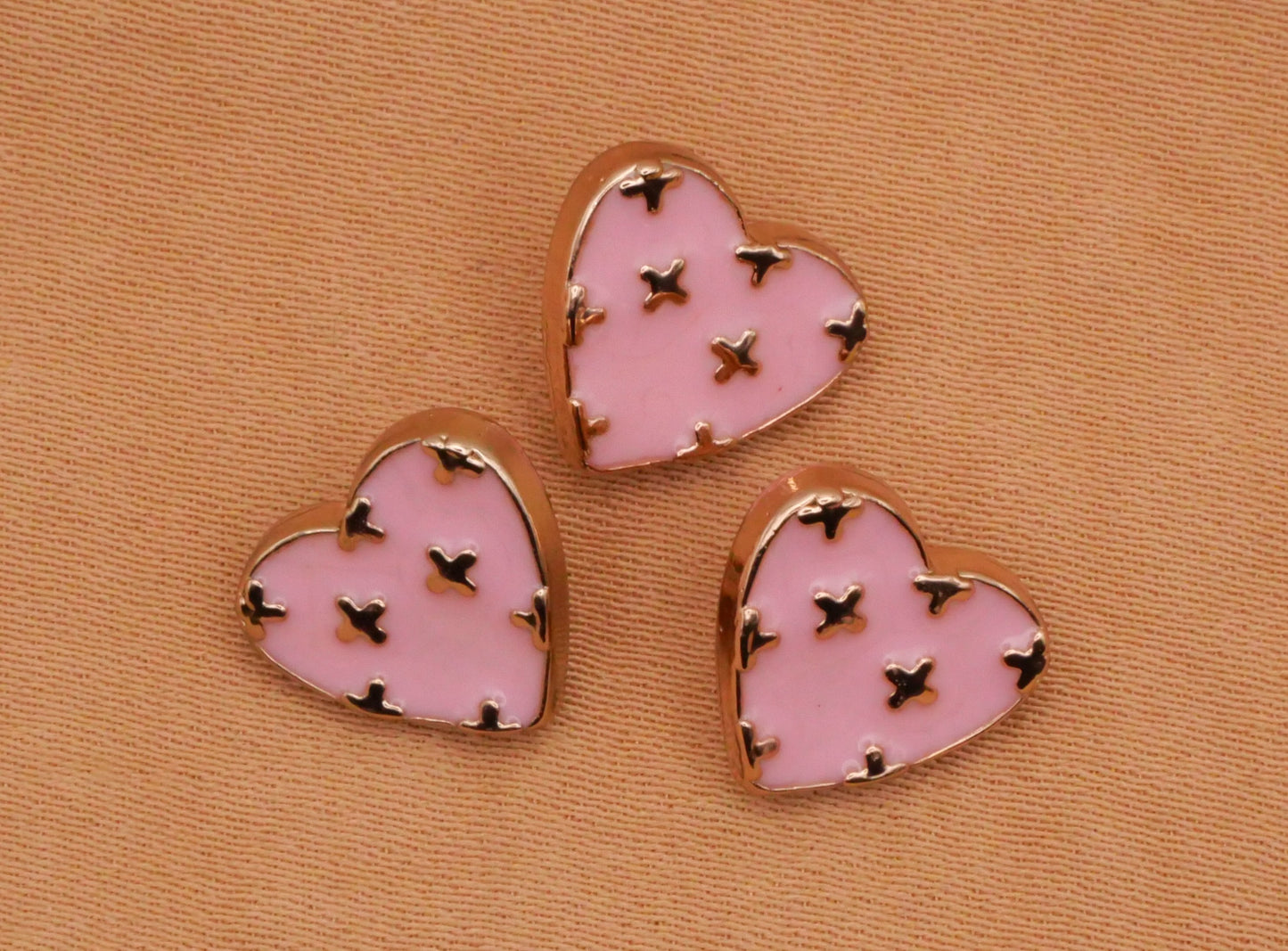 Heart Enamel Pink Green White Black Gold Metal Small Set of Three Buttons Various 10x11mm