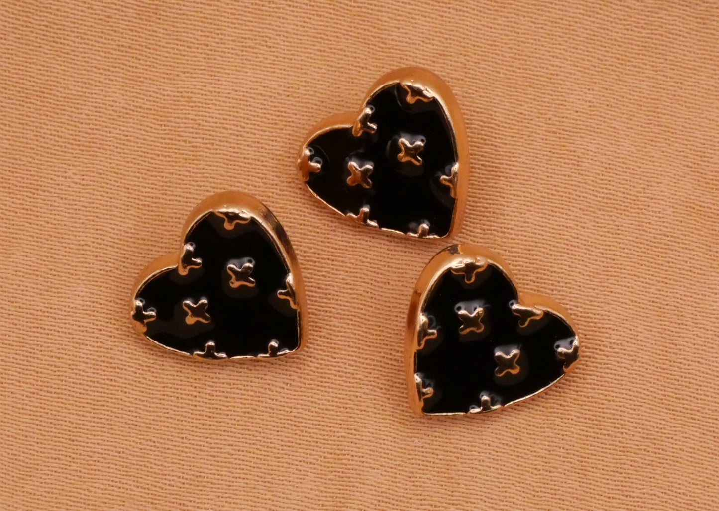 Heart Enamel Pink Green White Black Gold Metal Small Set of Three Buttons Various 10x11mm