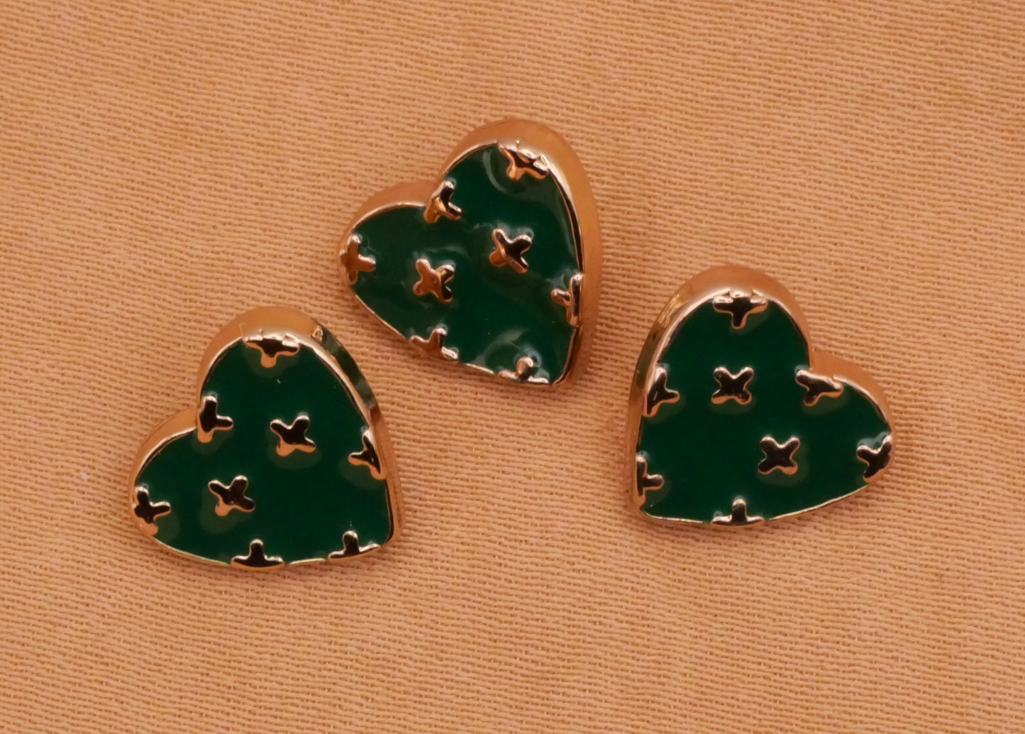 Heart Enamel Pink Green White Black Gold Metal Small Set of Three Buttons Various 10x11mm