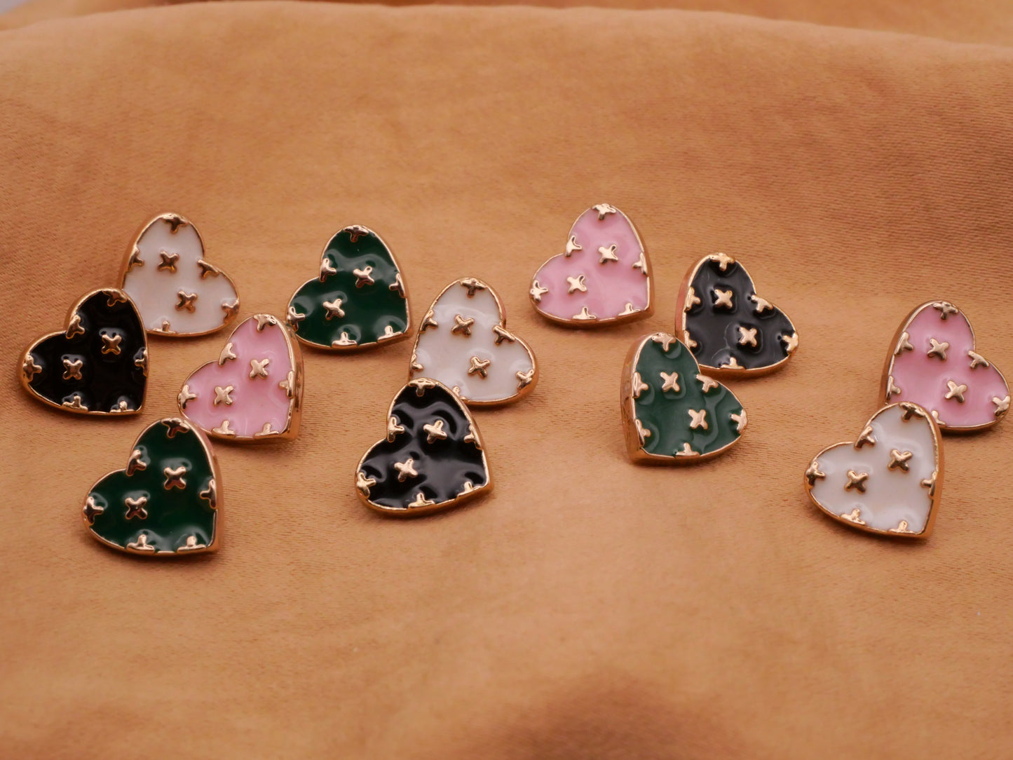 Heart Enamel Pink Green White Black Gold Metal Small Set of Three Buttons Various 10x11mm