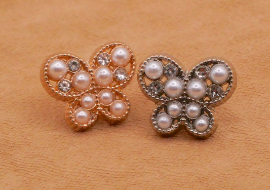 Butterfly Pearl Rhinestone Silver Gold Small Button Various 9x11mm