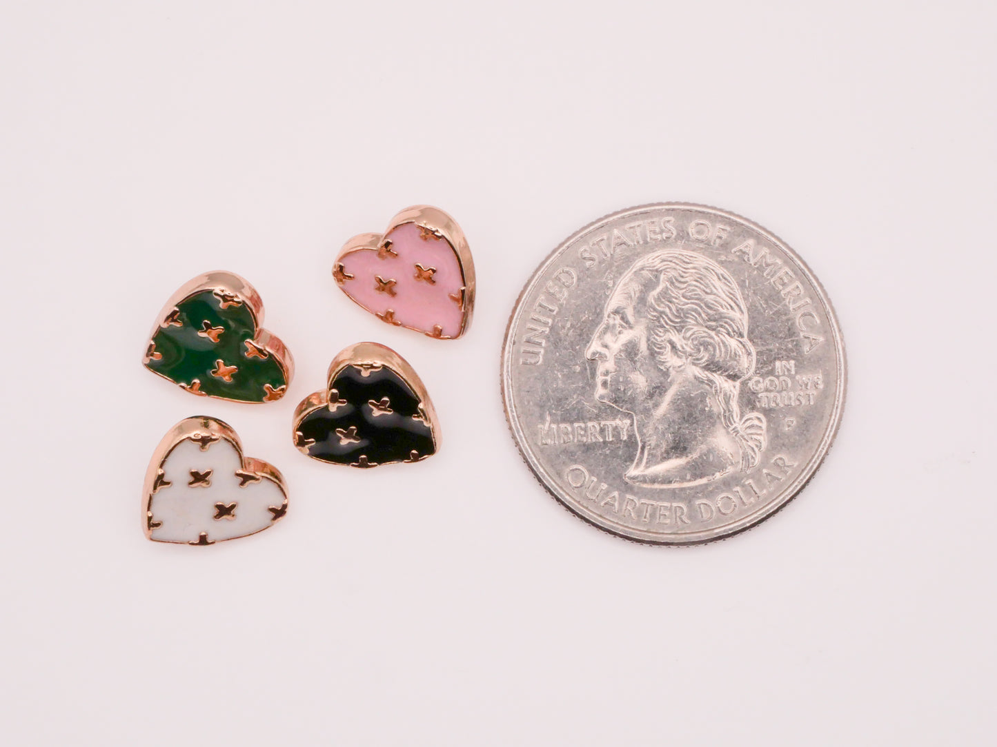 Heart Enamel Pink Green White Black Gold Metal Small Set of Three Buttons Various 10x11mm