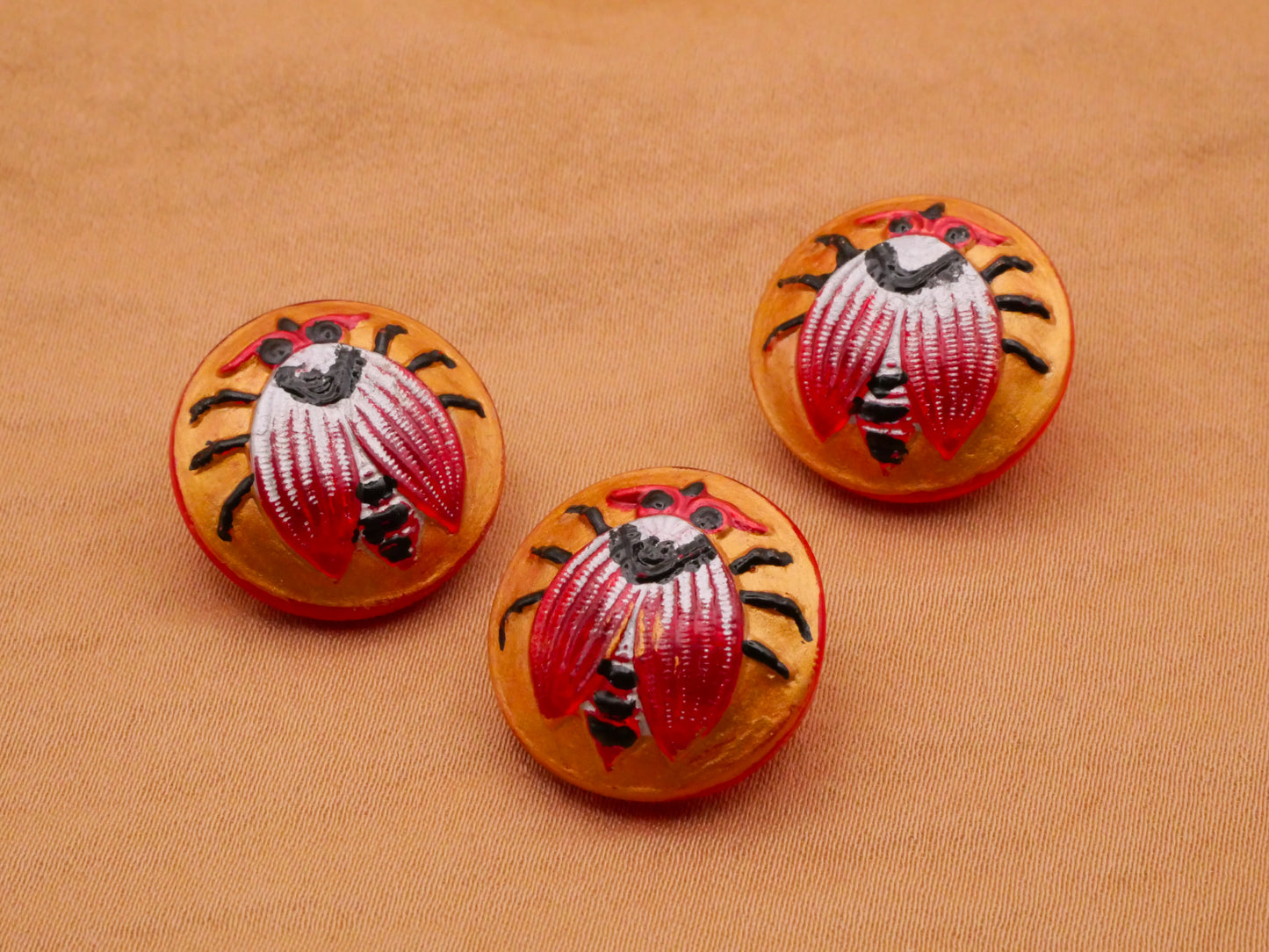 Bug Insect Czech Glass Red Gold Black White Button 18mm