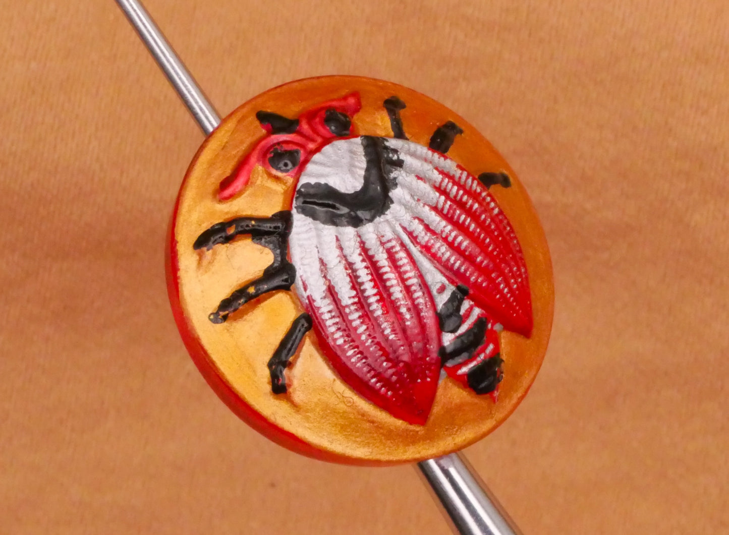 Bug Insect Czech Glass Red Gold Black White Button 18mm