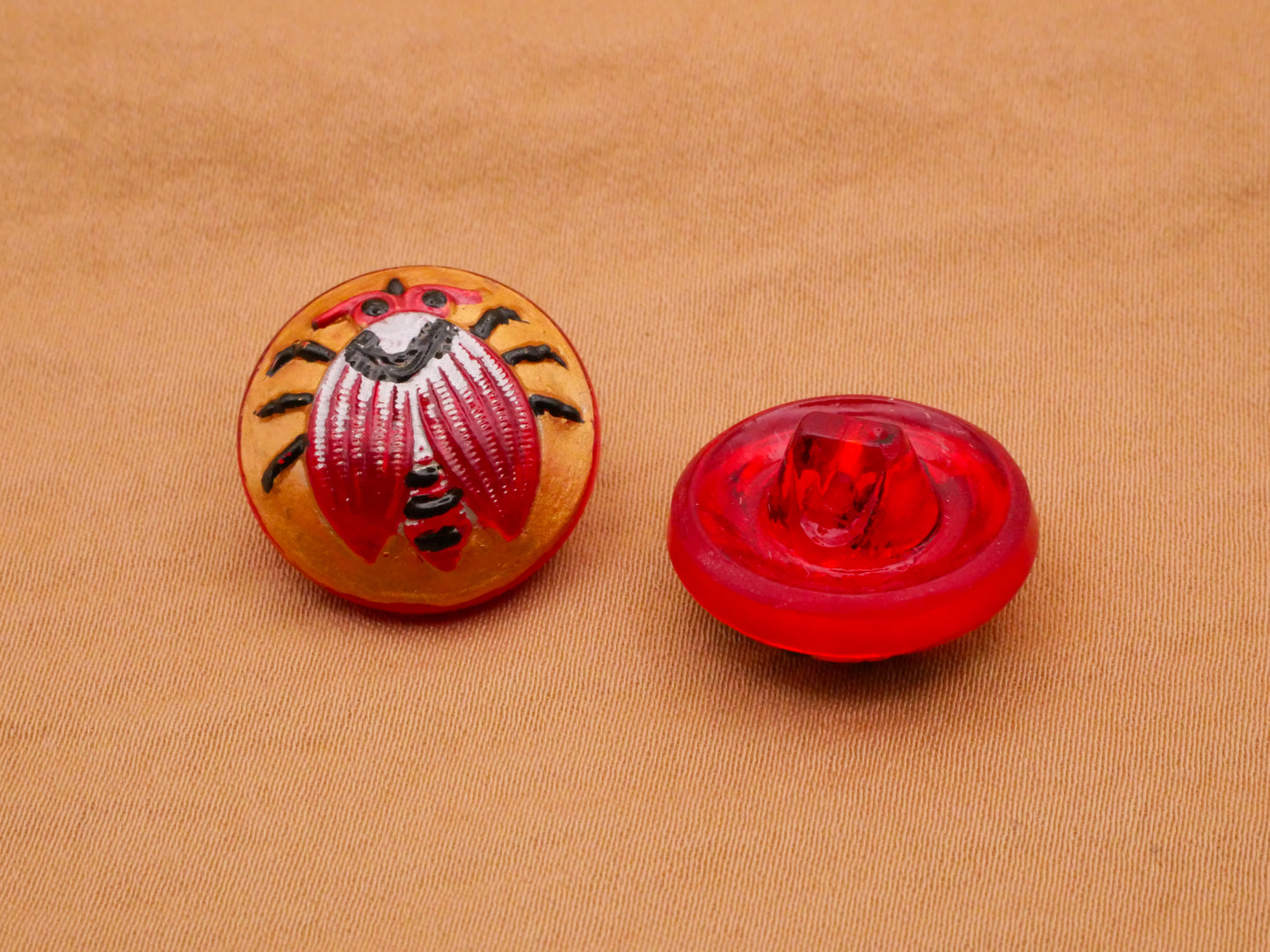 Bug Insect Czech Glass Red Gold Black White Button 18mm