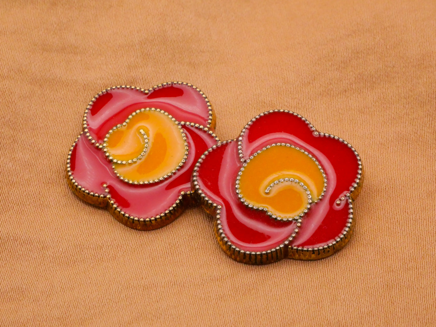 Flower Red Yellow Enamel Gold Metal Button 24mm