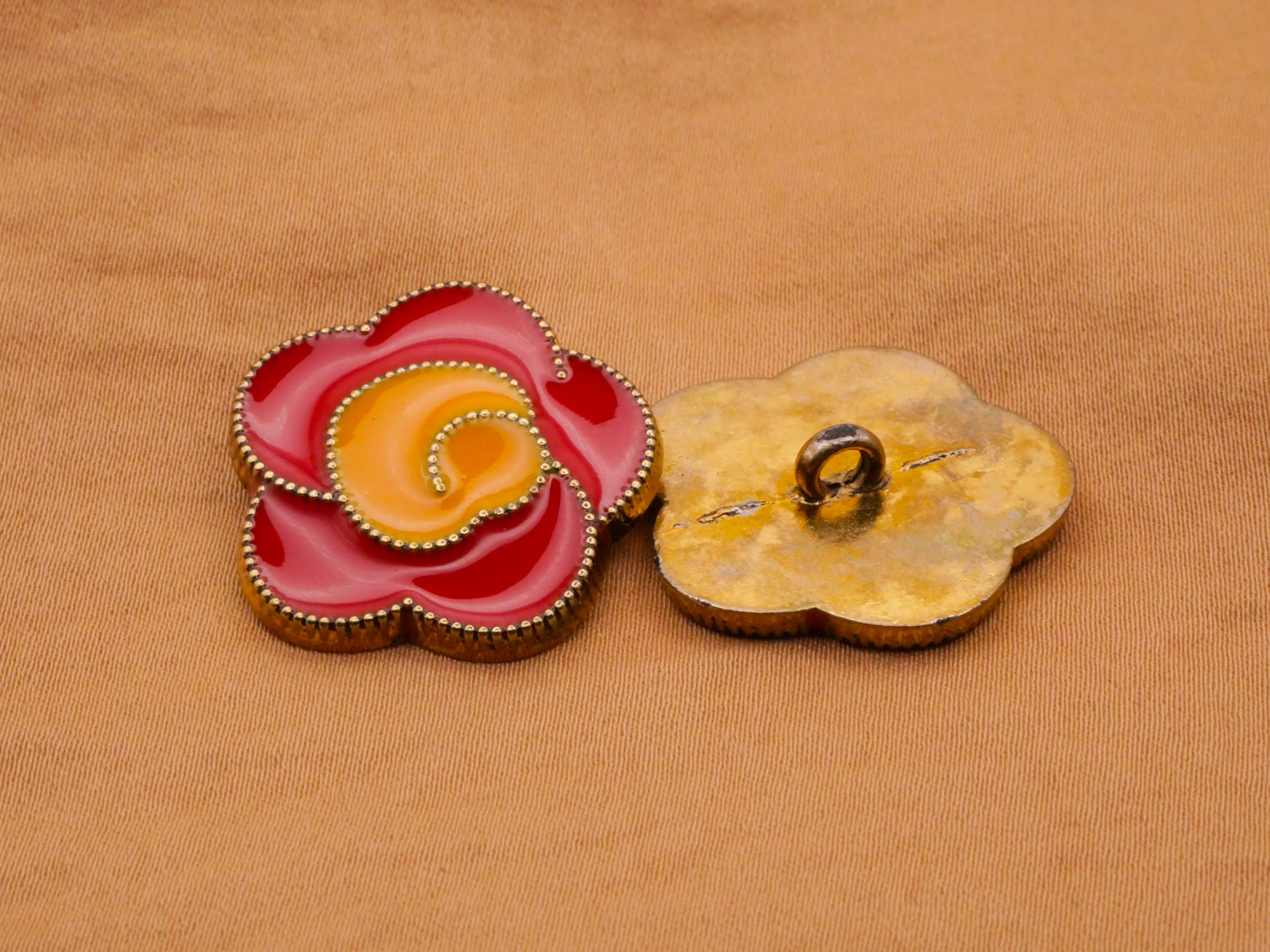 Flower Red Yellow Enamel Gold Metal Button 24mm