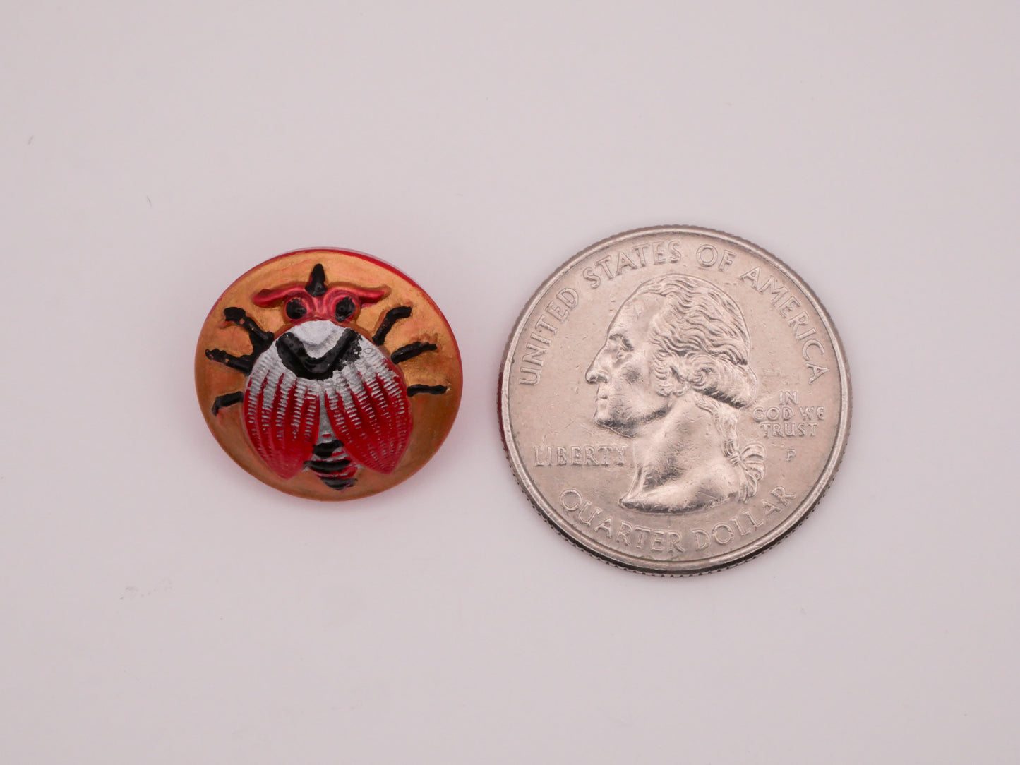 Bug Insect Czech Glass Red Gold Black White Button 18mm