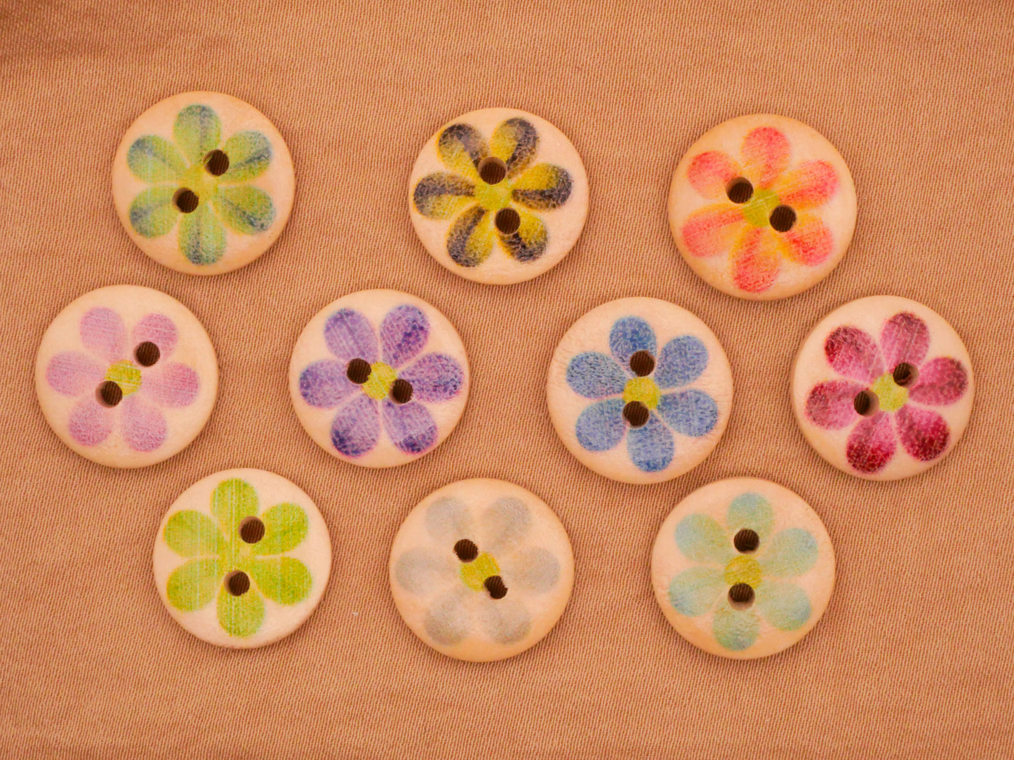 Flower Colorful Painterly Wood Set of Ten Buttons 15mm